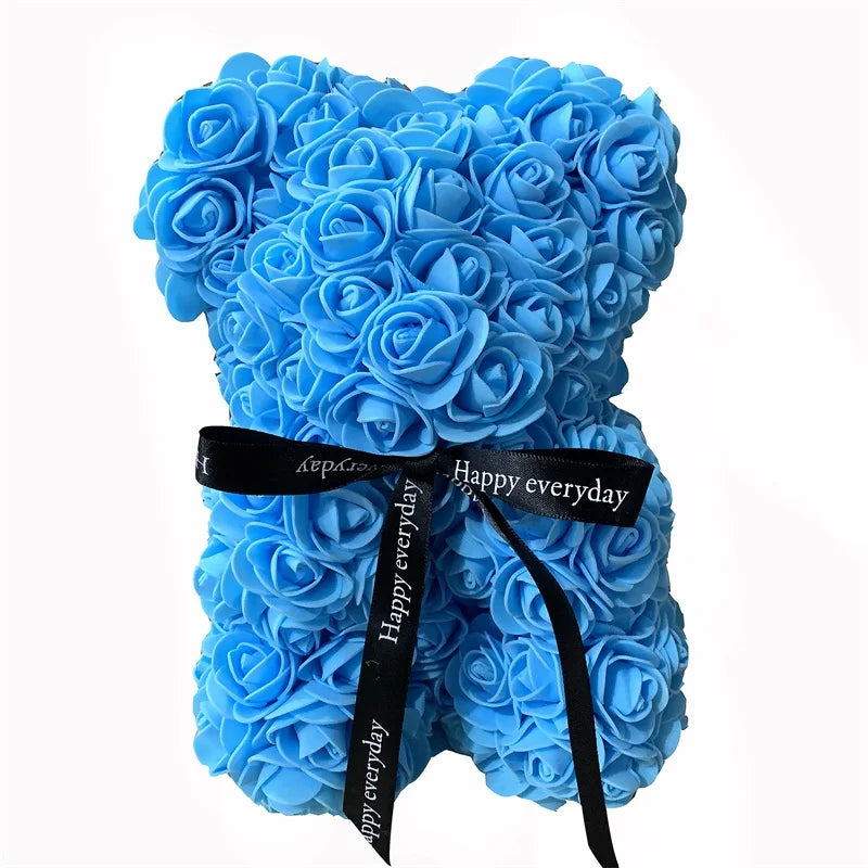 Blue Foam Rose Bear - 25cm Artificial Rose Flower Teddy Bear-0