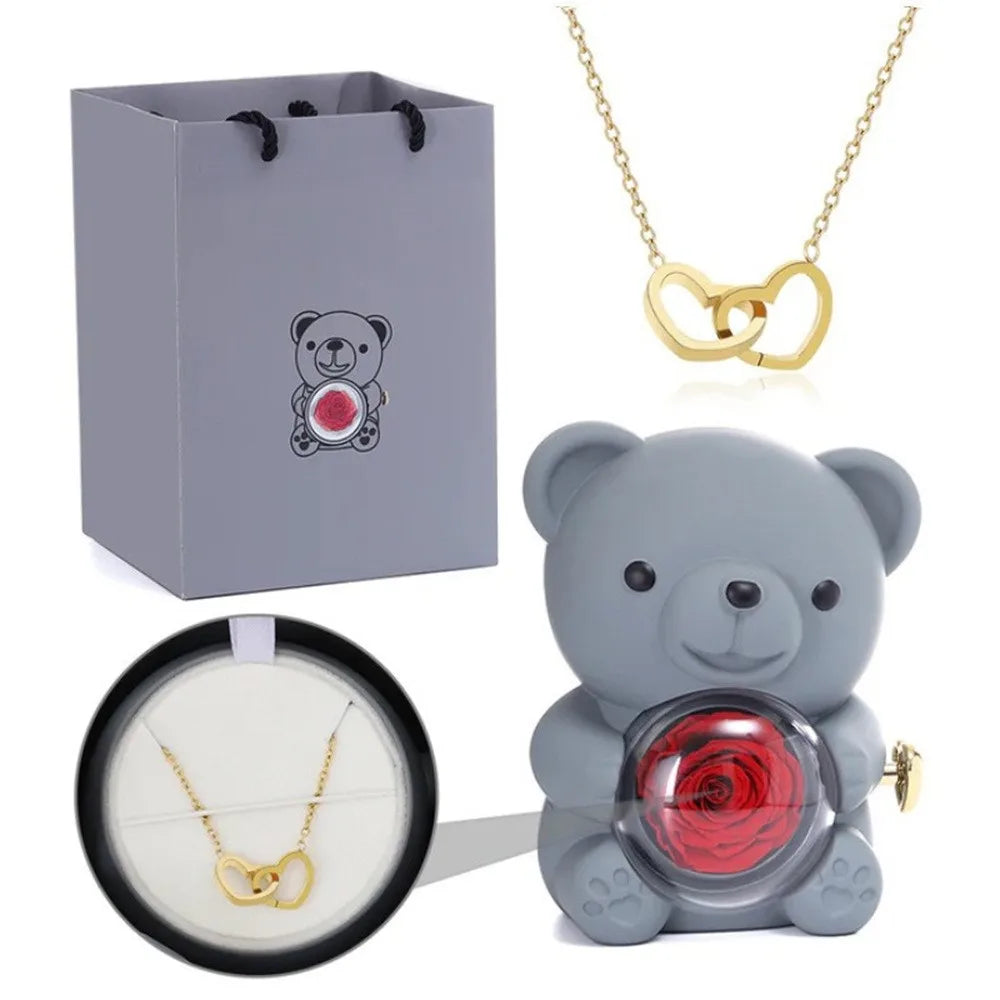 Teddy Bear Gift Box with Rose Jewelry Storage (Grey)-0