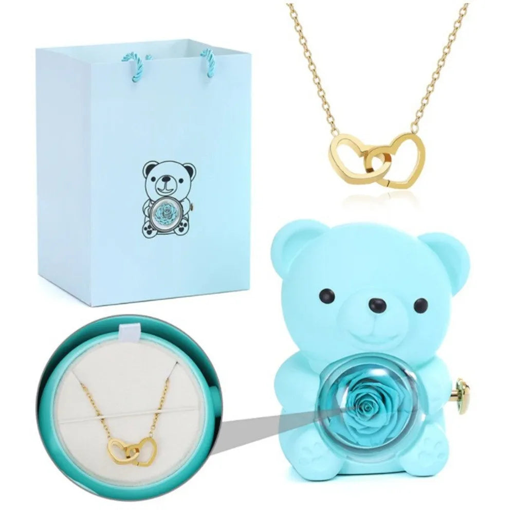 Teddy Bear Gift Box with Rose Jewelry Storage (Blue)-0