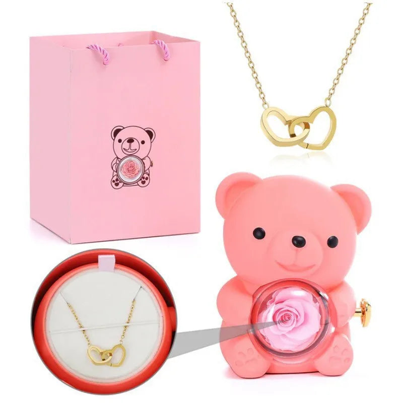 Teddy Bear Gift Box with Rose Jewelry Storage (Pink)-0