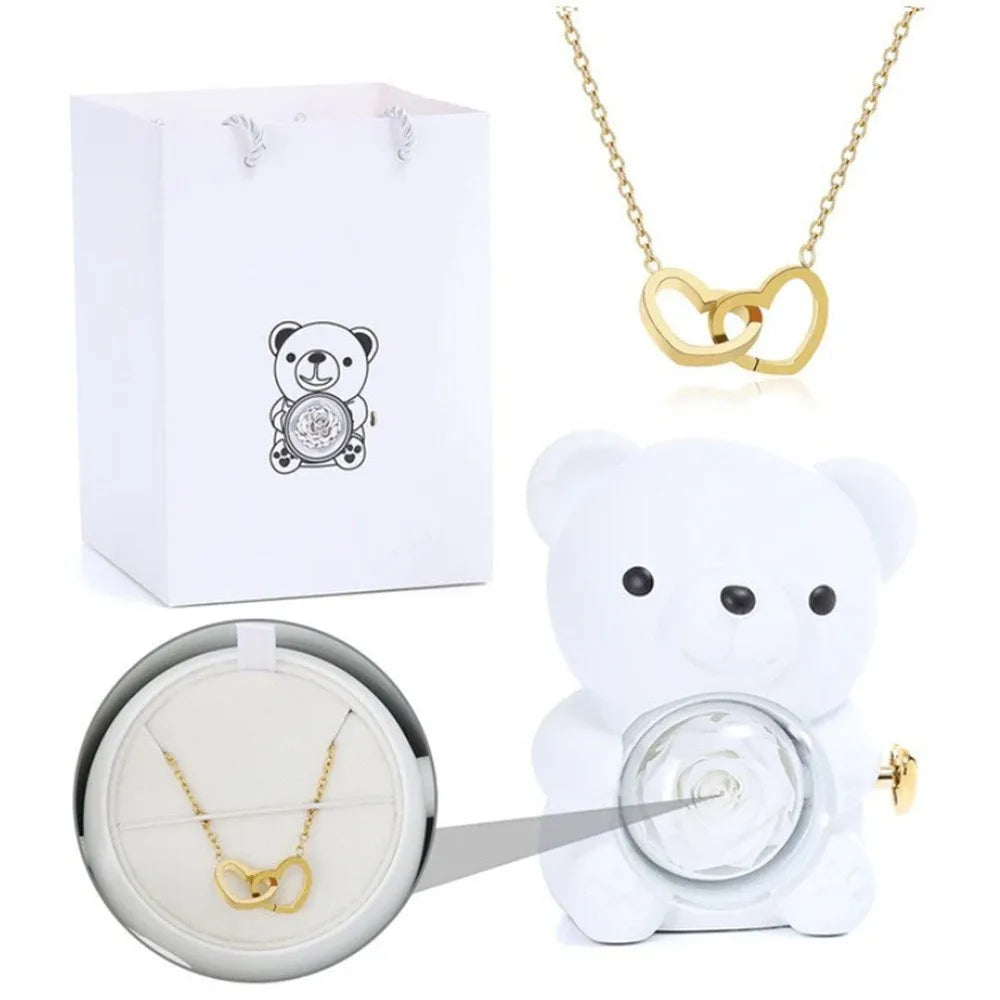 Teddy Bear Gift Box with Rose Jewelry Storage (White)-0